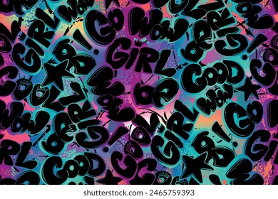 Abstract seamless chaotic pattern with graffiti background. Lettering urban ornament. Grunge texture background. Wallpaper for girl sport clothes. Fashion cool teen style