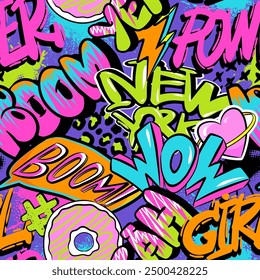 Abstract seamless chaotic pattern with graffiti cool words. Bright neon Grunge texture background. Wallpaper for teen girls. Fashion urban  style 