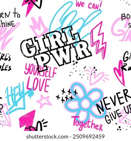 Abstract seamless chaotic pattern with graffiti words GIRL POWER. Grunge texture background. Wallpaper for girl. Fashion urban style