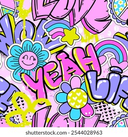 Abstract seamless chaotic pattern with graffiti words. Bright neon Grunge texture background. Wallpaper for girls.  Fashion urban  style