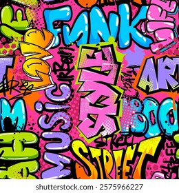 Abstract seamless chaotic pattern with graffiti words. Bright neon Grunge texture background. Wallpaper for boys Fashion urban  style 