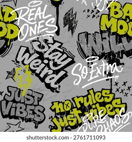Abstract seamless chaotic pattern with graffiti words. Grey Grunge texture background. Fashion urban  style Wallpaper 