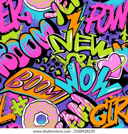 Abstract seamless chaotic pattern with graffiti cool words. Bright neon Grunge texture background. Wallpaper for teen girls. Fashion urban  style 