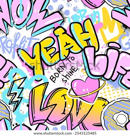 Abstract seamless chaotic pattern with graffiti words. Bright neon Grunge texture background. Wallpaper for girls.  Fashion urban  style