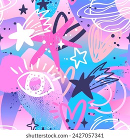 Abstract seamless chaotic pattern with hand drawing elements, stars, scuffed and sprays. Fashion wallpaper 