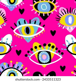 Abstract seamless chaotic pattern with hand drawing eyes. Fashion background for girl. Hand drawing