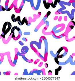 Abstract seamless chaotic pattern with hand draw words. Cute texture background. Wallpaper for girl. Fashion girly style 