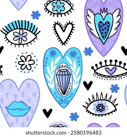 Abstract seamless chaotic pattern with hand drawing eyes and hearts. Fashion background for girl. Hand drawing

