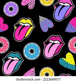 Abstract seamless chaotic pattern with heart, lips and donuts. Pop art style texture background. Wallpaper cool teen girl