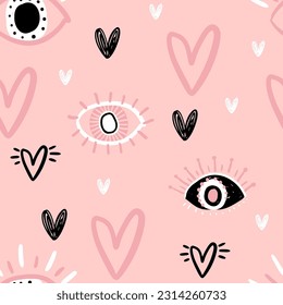 Abstract seamless chaotic pattern with hearts, slogan and spots. Grunge texture background. Wallpaper cool teen style