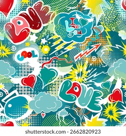 Abstract seamless chaotic pattern with line hearts. Graffiti love heart background. hand drawing. Not AI, Vector illustration.