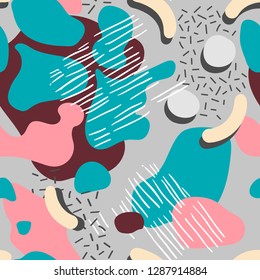 Abstract seamless chaotic pattern in memphis style. Modern wallpaper in trendy colors. Organic background texture with spots and blots. Repeat endless design. Vector.