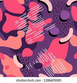 Abstract seamless chaotic pattern in memphis style. Modern wallpaper in trendy colors. Organic background texture with spots and blots. Repeat endless design. Vector.