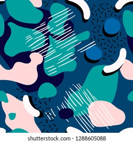Abstract seamless chaotic pattern in memphis style. Modern wallpaper in trendy colors. Organic background texture with spots and blots. Repeat endless design. Vector.