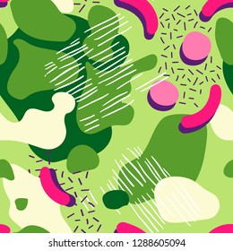 Abstract seamless chaotic pattern in memphis style. Modern wallpaper in trendy colors. Organic background texture with spots and blots. Repeat endless design. Vector.