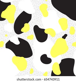 Abstract seamless chaotic pattern in memphis style. Modern wallpaper in trendy pastel colors. yellow, black and white. Dots background texture with spots and blots. Repeat endless design. Vector.