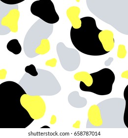 Abstract seamless chaotic pattern with military style. Modern wallpaper in trendy pastel colors. yellow, black and white. Background texture with spots and blots. Repeat endless design. Vector.