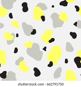Abstract seamless chaotic pattern with military style. Modern wallpaper in trendy pastel colors. yellow, black and white. Background texture with spots and blots. Repeat endless design. Vector.