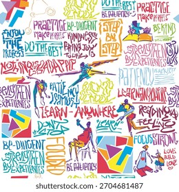 Abstract seamless chaotic pattern with motivation words. with bright color and fun theme.