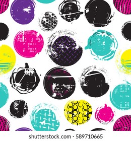 Abstract seamless chaotic pattern with neon circles,  drops and splashes. Retro 80s style. Repeated backdrop for  fashion clothes, t shirt, child, paper. Creative girlish original design  