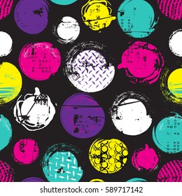 Abstract seamless chaotic pattern with neon circles,  drops and splashes. Retro 80s style. Repeated backdrop for  fashion clothes, t shirt, child, paper. Creative girlish original design  