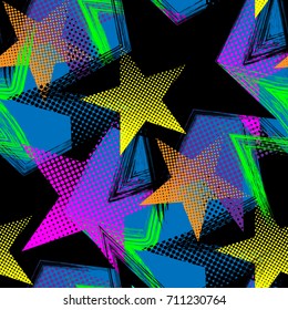 Abstract seamless chaotic pattern with neon stars, drops and splashes. Retro 80s style. Repeated backdrop for fashion clothes, t shirt, child, paper. Creative girlish original design