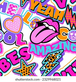 Abstract seamless chaotic pattern with retro elements, words, heart, lips, stickers. Funny texture background. Wallpaper cool teen style