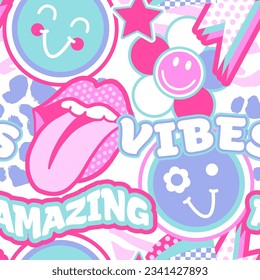 Abstract seamless chaotic pattern with retro elements, words, heart, lips, stickers. Funny texture background. Wallpaper cool teen style