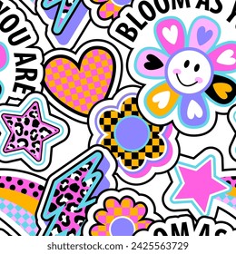 Abstract seamless chaotic pattern with retro elements, words, heart, flowers stickers. Funny texture background. Wallpaper retro style