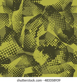Abstract seamless chaotic pattern with scuffed, sprays dots elements. Grunge textured background for girls and boys. Modern military wallpaper. Halfhtone colors on repeated  backdrop