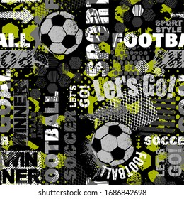 Abstract seamless chaotic pattern with soccer ball and urban geometric elements. Grunge neon texture background for guys. Football sport