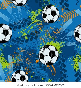 
Abstract seamless chaotic pattern with soccer ball and urban geometric elements. Grunge neon texture background for guys. Football sport