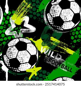 Abstract seamless chaotic pattern with soccer ball and urban geometric elements. Grunge neon texture background for guys. Football sport