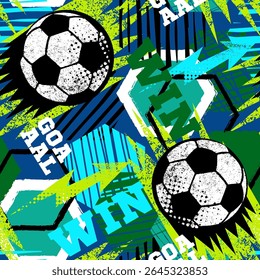 Abstrato padrão caótico sem emenda com bola de futebol e elementos geométricos urbanos. Fundo de textura de neon grunge para os homens. Esporte de futebol