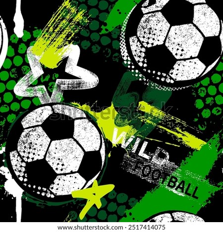 Abstract seamless chaotic pattern with soccer ball and urban geometric elements. Grunge neon texture background for guys. Football sport