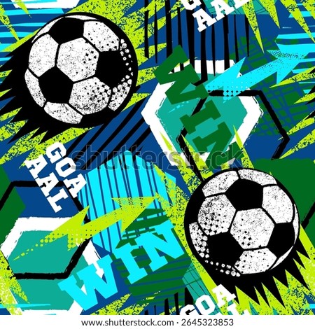 Abstract seamless chaotic pattern with soccer ball and urban geometric elements. Grunge neon texture background for guys. Football sport