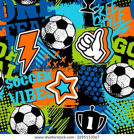 Abstract seamless chaotic pattern with soccer ball and urban geometric elements. Grunge neon texture background for guys. Football sport 