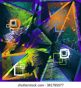 Abstract seamless chaotic pattern with square, scuffed, drops, sprays, triangle, geometric elements. Grunge neon texture background. 