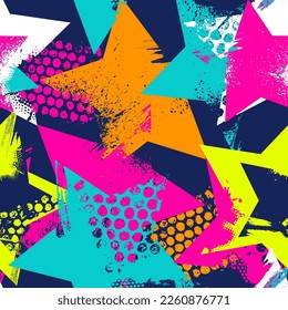 Abstract seamless chaotic pattern with stars and urban geometric elements, scuffed, drops, sprays. Grunge neon texture background. Wallpaper for teen girls. Fashion sport style