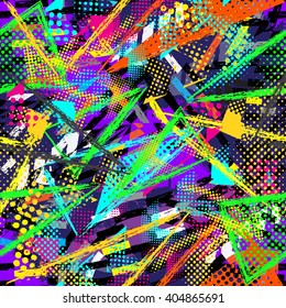 Abstract seamless  chaotic pattern for textile. Wallpaper with neon lightning geometric elements for guys. Modern grunge background. pattern for boys and girls.