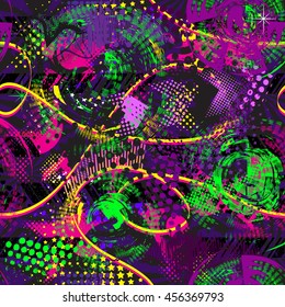 Abstract seamless chaotic pattern for textile. Wallpaper with neon lightning geometric elements for guys. Modern grunge background. pattern for girls.