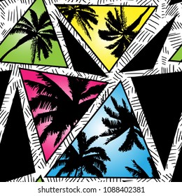 Abstract seamless chaotic pattern with urban geometric elements, black palm , for textile. Modern grunge background . Wallpaper for boys