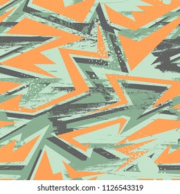 Abstract seamless chaotic pattern with urban geometric elements, scuffed, drops, sprays.