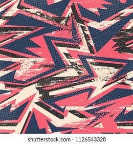Abstract seamless chaotic pattern with urban geometric elements, scuffed, drops, sprays.