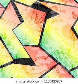 Abstract seamless chaotic pattern with urban geometric elements, palms , for textile. Modern grunge background .