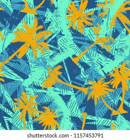 Abstract seamless chaotic pattern with urban geometric elements, palms , for textile. Modern grunge background .