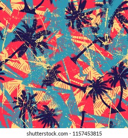 Abstract seamless chaotic pattern with urban geometric elements, palms , for textile. Modern grunge background .