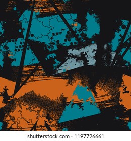 Abstract seamless chaotic pattern with urban geometric elements , for textile. Modern grunge background . Wallpaper for boys and girls