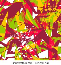 Abstract seamless chaotic pattern with urban geometric elements, scuffed, drops, triangles, spots, sprays. Grunge neon texture background.