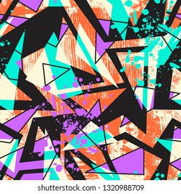 Abstract seamless chaotic pattern with urban geometric elements, scuffed, drops, triangles, spots, sprays. Grunge neon texture background.
